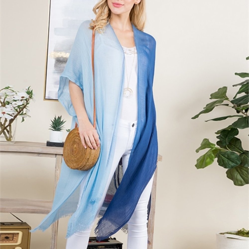 LIGHTWEIGHT OPEN FRONT GRADIENT OMBRÉ TWO TONE WHITE BLUE KIMONO